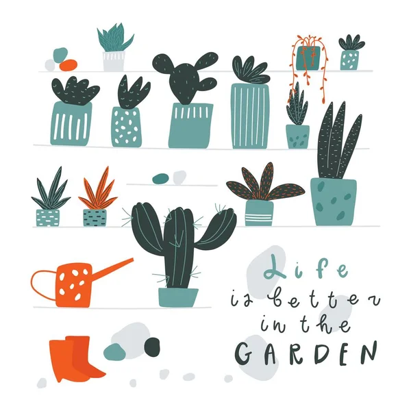 Plantas en las macetas. Texto estilo de letras: la vida es mejor en el jardín. Ilustración vectorial — Vector de stock