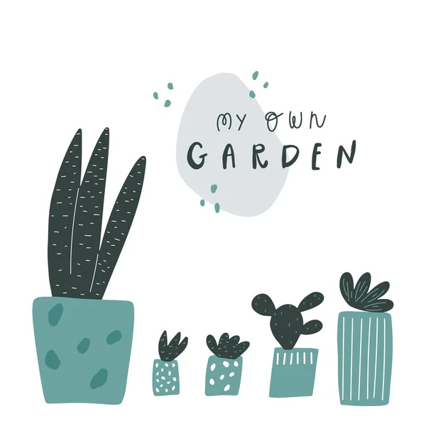 Plantas dibujadas a mano en las macetas. Texto estilo de letras: mi propio jardín. Vector — Vector de stock