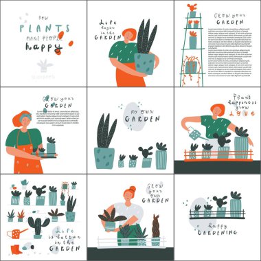 Kartlar bahçıvanlık temasına ayarlandı. İnsanlar ve bitkiler el yazısıyla kısa alıntılar yaptı. vektör illüstrasyonu