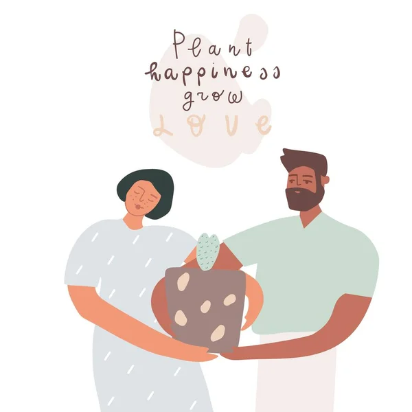 Illustration vectorielle. Homme et femme avec une petite plante dans le pot de fleurs, citation motivationnelle manuscrite : grandir votre amour — Image vectorielle