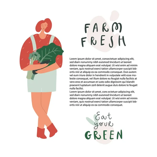 Fazenda mão nova ilustração desenhada. Eco produto natural e conceito de alimentos orgânicos. Mulher com legumes —  Vetores de Stock