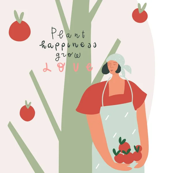 Gelukkige levensstijl conceptuele hand getekend vector illustratie. Vrouw met appels bij appelboom, handgeschreven offerte — Stockvector