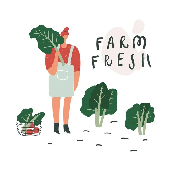 Taze çiftlik el çizimi vektörü. Doğal ve organik gıda konsepti. Kendi yetiştirdiği sebzeleri olan bir kadın. — Stok Vektör