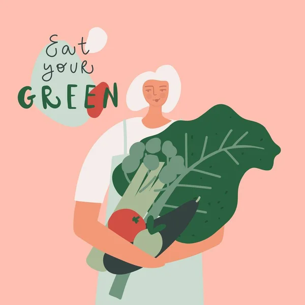 Mangez une illustration vectorielle verte. Produit écologique, aliments naturels et biologiques, concept d'alimentation consciente. Femme aux légumes — Image vectorielle