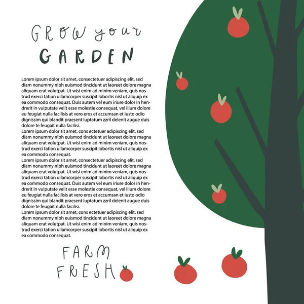 Ilustração da árvore da Apple, espaço livre da cópia para o texto. Frase manuscrita crescer sua fazenda jardim fresco —  Vetores de Stock