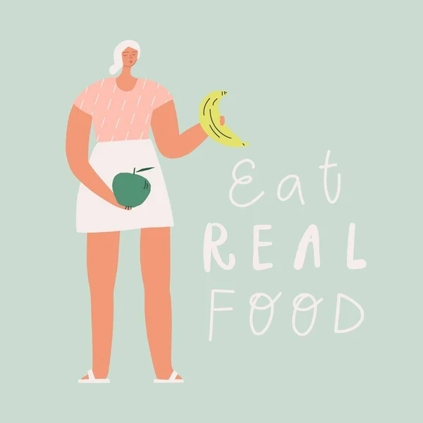 Mangez de vraies illustrations de vecteurs alimentaires. Aliments bio et végétariens écologiques, concept alimentaire attentif. Femme aux fruits — Image vectorielle