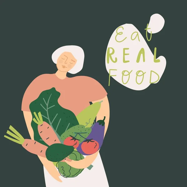 Femme aux légumes. Aliments bio et végétariens écologiques, concept d'alimentation consciente Illustration vectorielle — Image vectorielle