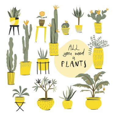 Saksıda bitkiler var. Harf stili metin: Tek ihtiyacınız bitkiler. Nesneler kümesi