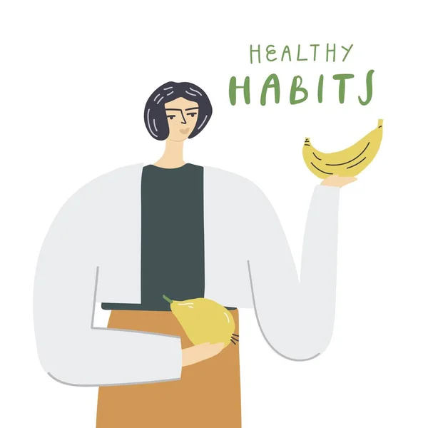 Femme tient banane et poire. Concept de nutrition naturelle saine à base de plantes. Illustration vectorielle dessinée main — Image vectorielle