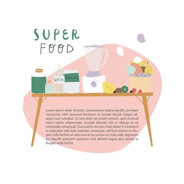 Meyveli ve süper yiyecekli bir masa. Meyve püresi malzemeleri. Vektör illüstrasyonu