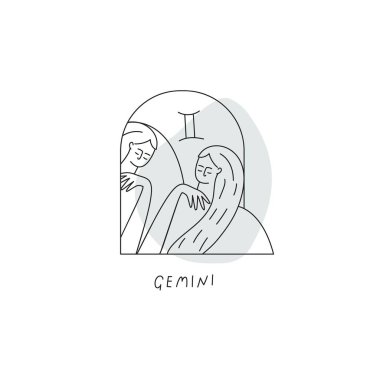 Vektör Gemini burç simgesi. Çizgileri olan stilize bir kadın.