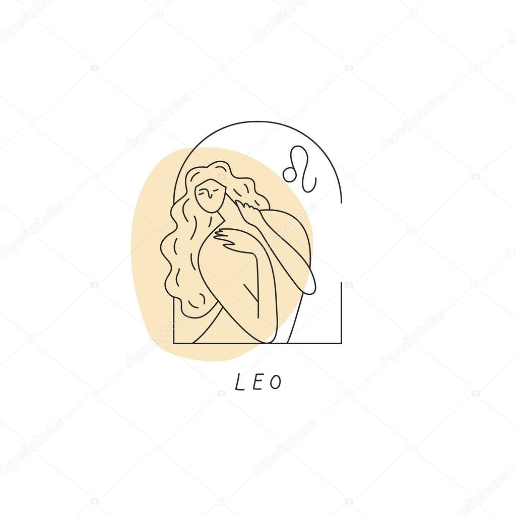 Vector Leo zodiac sign icon. Stylized woman drawn with lines
