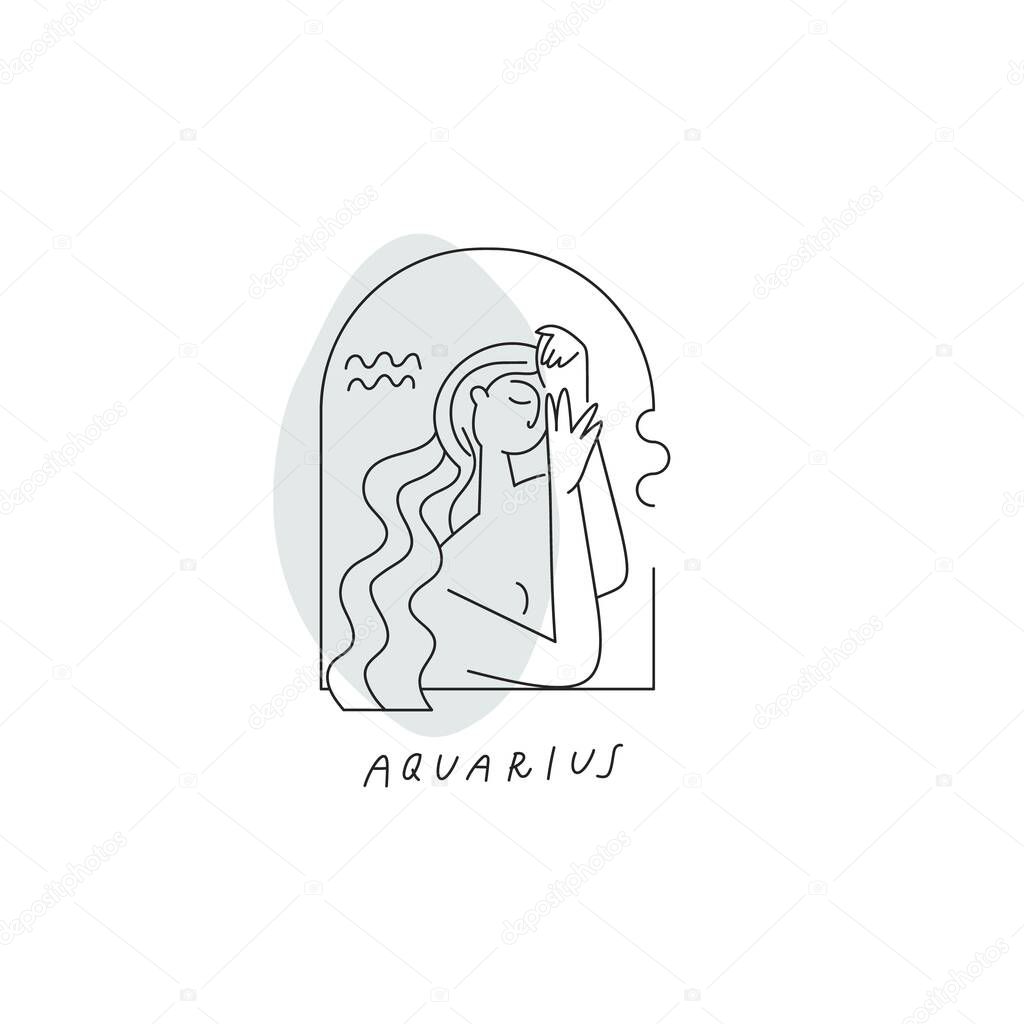 Vector Aquarius zodiac sign icon. Stylized woman drawn with lines