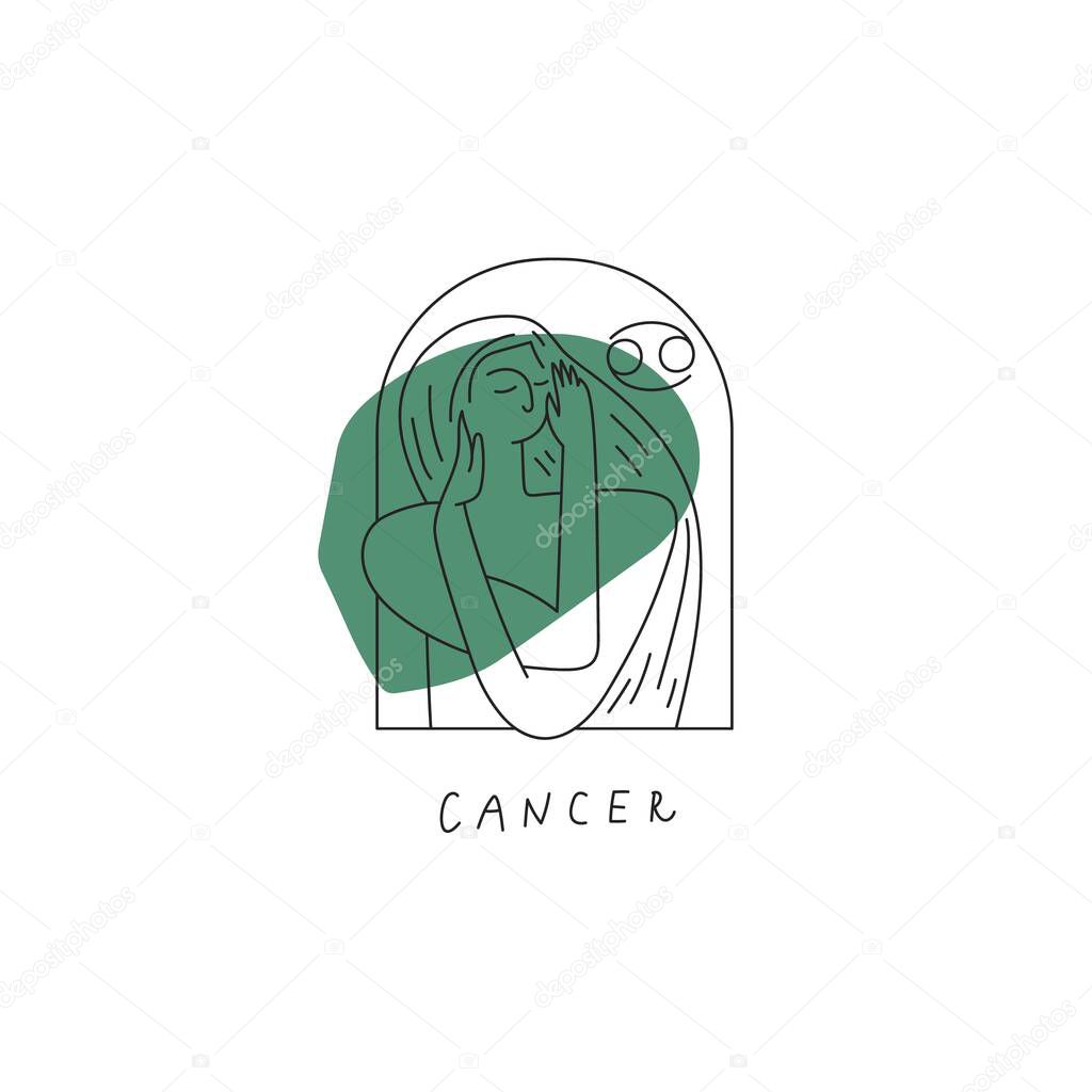 Vector Cancer zodiac sign icon. Stylized woman drawn with lines
