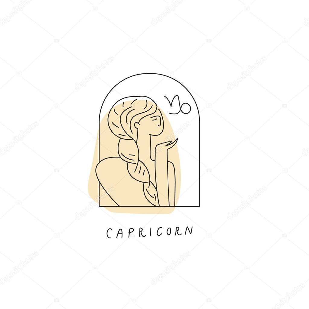 Capricorn zodiac sign icon. Stylized woman drawn with lines. Vector illustration