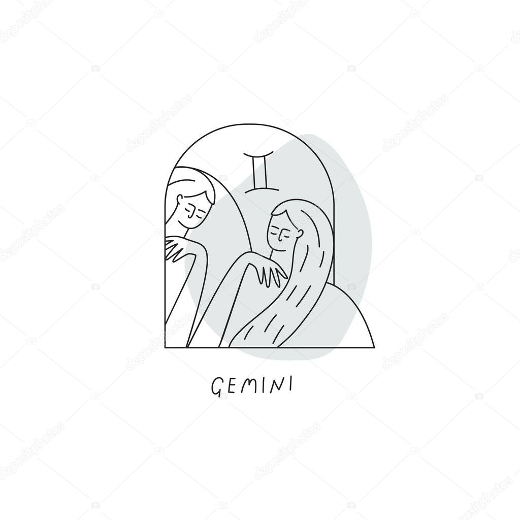 Vector Gemini zodiac sign icon. Stylized woman drawn with lines