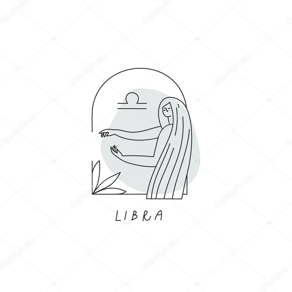 Vector Libra zodiac sign icon. Stylized woman drawn with lines