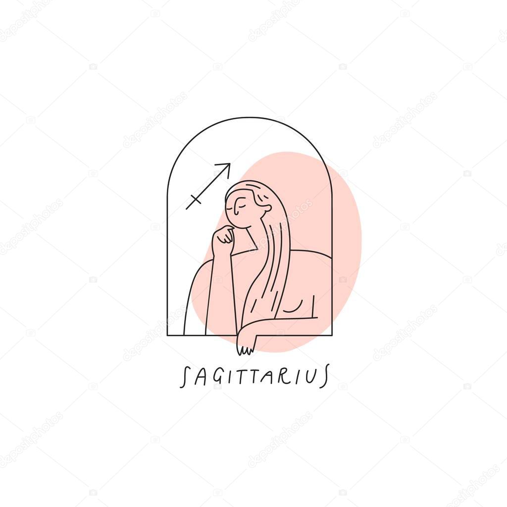 Vector Sagittarius zodiac sign icon. Stylized woman drawn with lines
