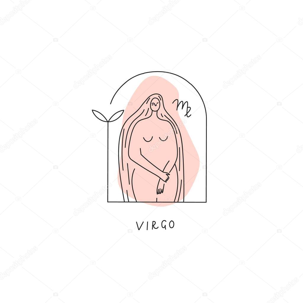 Vector Virgo zodiac sign icon. Stylized woman drawn with lines