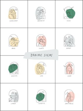 Zodyak işaretlerinin vektör logoti çizgisi simgeleri. Tarz sahibi kadın logosu koleksiyonu