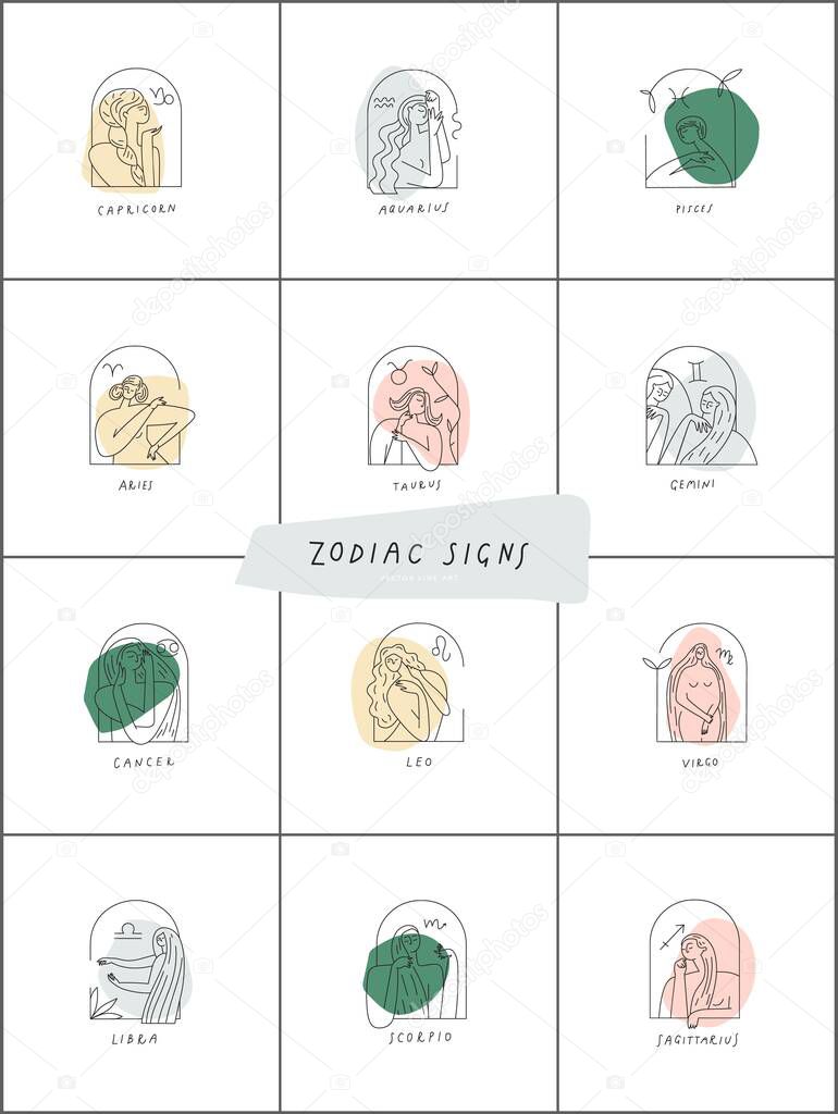 Logotype line icons of zodiac signs. Stylised women logo collection. Vector illustration
