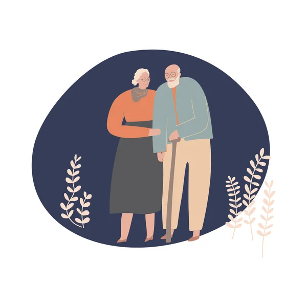 Couple aîné. Des personnes âgées marchant ensemble. Des personnes âgées. Homme et femme sur le chemin de la vie — Image vectorielle