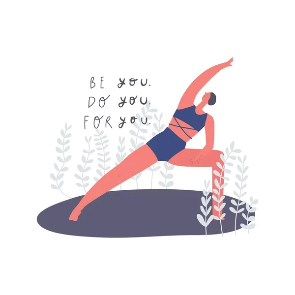 Femme faisant du yoga, lettrage dessiné à la main libre : être faire pour vous. Illustration vectorielle — Image vectorielle