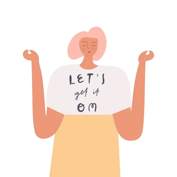 Femme méditante avec texte de lettrage dessiné à la main libre sur t-shirt. Vecteur — Image vectorielle