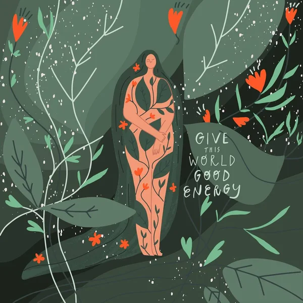 Donna con i capelli lunghi e corpo nudo con motivo vegetale, foresta fatata intorno a lei. illustrazione vettoriale — Vettoriale Stock