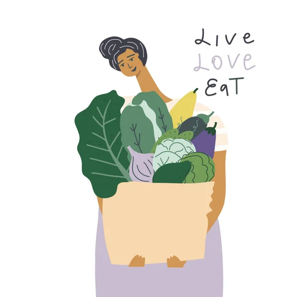 Mujer vectorial con una bolsa de verduras. Comida orgánica y vegetariana natural, concepto de alimentación consciente — Vector de stock