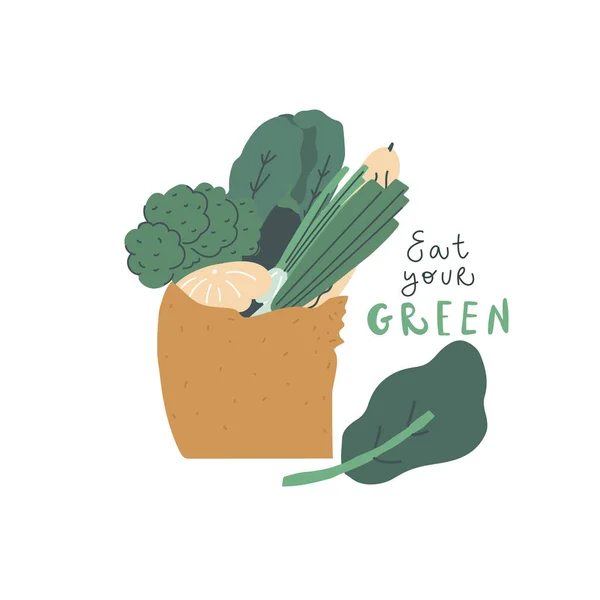 Vector hand drawn bag with vegetables handwritten text eat your green — 스톡 벡터