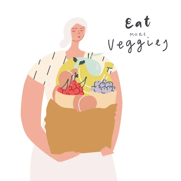 Woman with a bag of fruits and berries. Natural organic and vegetarian food, mindful eating concept — Image vectorielle