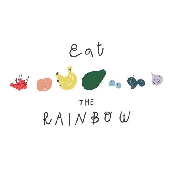 Vector illustration Different colours fruits and handwritten text eat the rainbow — 스톡 벡터