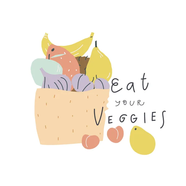 Vector mão saco de artesanato desenhado com frutas texto escrito à mão comer seus vegetais —  Vetores de Stock