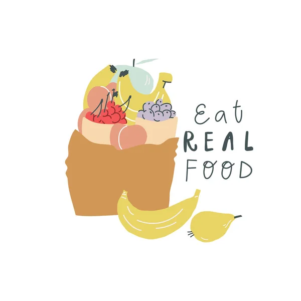 Saco de estilo doodle desenhado à mão com frutas e bagas texto manuscrito comer comida real —  Vetores de Stock
