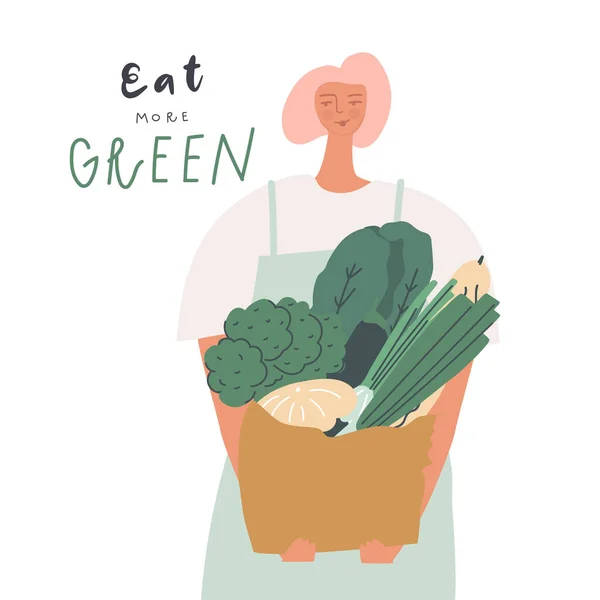 Woman with a bag of vegetables and greens. Vector illustration — Image vectorielle