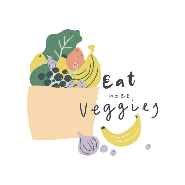 Vector hand drawn craft bag with fruits handwritten text eat more veggies — Image vectorielle