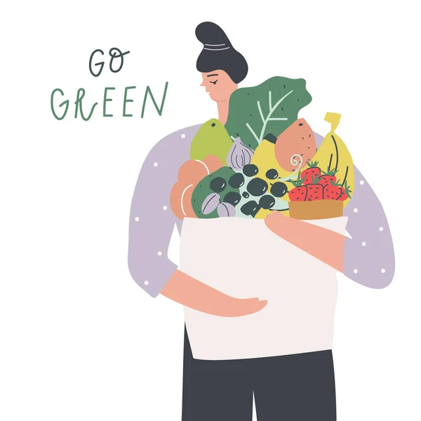 Woman with a bag of fruits. Natural organic foodt. Handwritten text go green. Vector illustration — 스톡 벡터