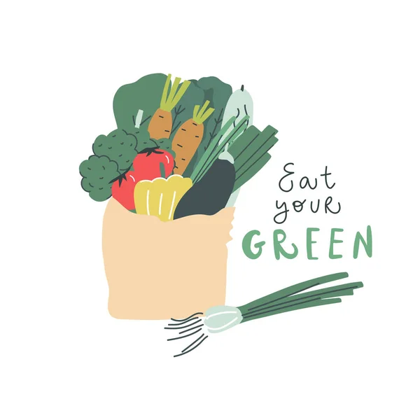 Vector hand drawn bag with vegetables handwritten text eat your green — 스톡 벡터