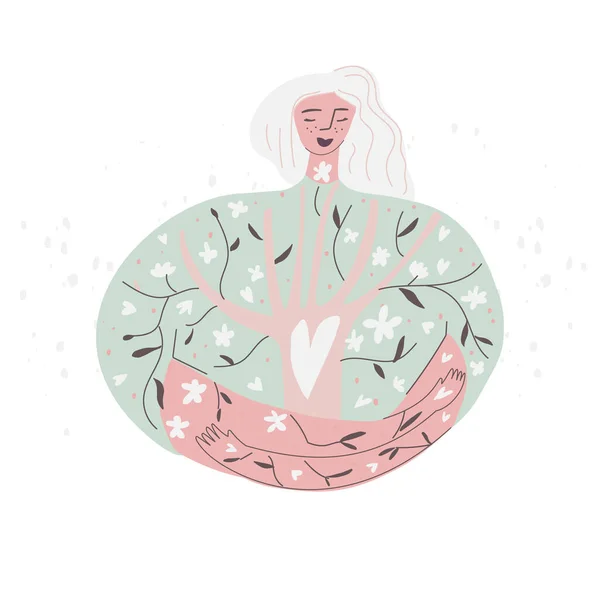 Mujer con patrón floral en su ropa y cuerpo. Armonía de la naturaleza y las personas — Vector de stock