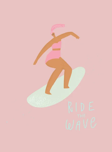 Femme vectorielle en maillot de bain rose sur planche de surf, citation manuscrite : monter la vague — Image vectorielle