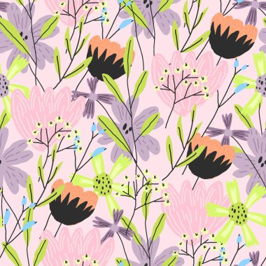 Kusursuz şablonun vektör elemanı. Renkli, komik çiçek deseni