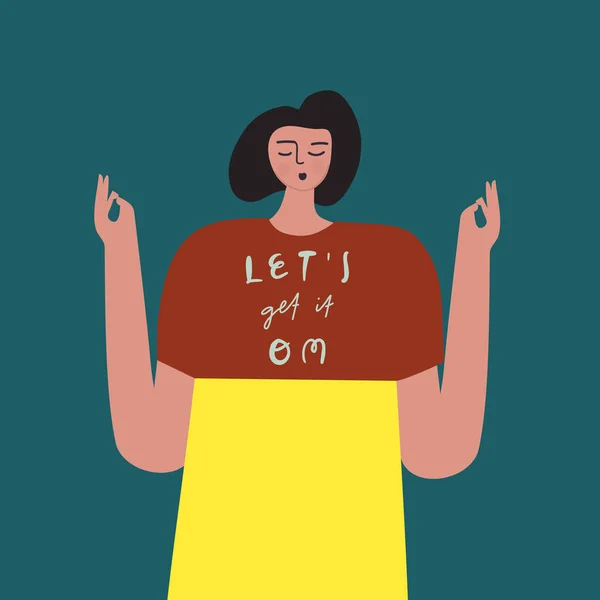 Διαλογισμός γυναίκα με κείμενο στο μπλουζάκι. Εικονογράφηση διανύσματος — Διανυσματικό Αρχείο