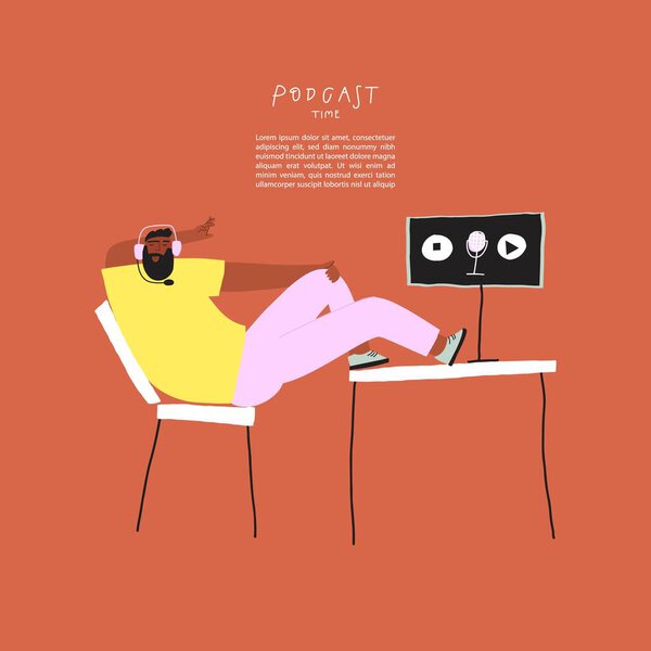 Vector brutal man podcaster talking about something in a free pose — Stock Illustration Vector brutal man podcaster talking about something in a free pose — Stock Vector