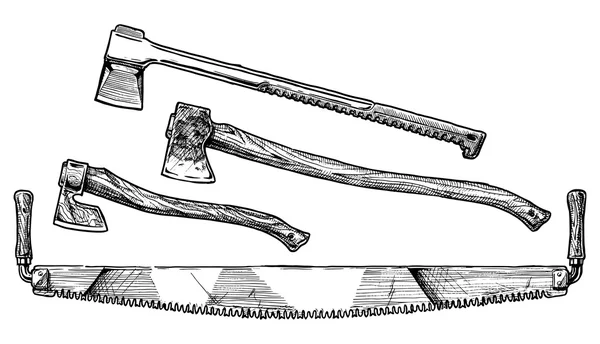 Перекрестная пила, рубка и расщепление топоров — стоковый вектор
