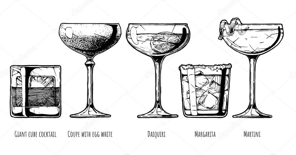 Vector hand drawn illustration set of alcohol cocktails. Giant cube cocktail, coupe with egg white, daiquiri, margarita and martini.  
