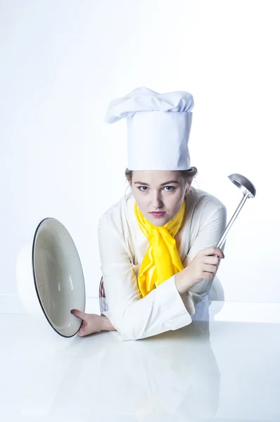 Cook with big bowl and pan — Stock Photo, Image