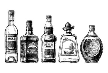 alkol şişe. Distile içecek