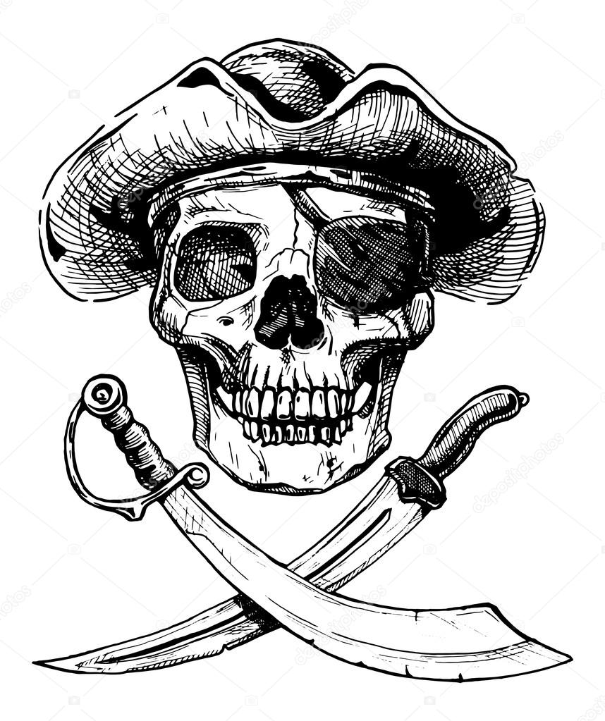 Black and white pirate skull with  cross swords.
