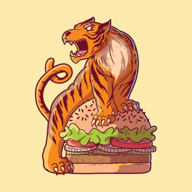 Kaplan burger çizimi. Fast food, paket servis, hayvan tasarımı konsepti.